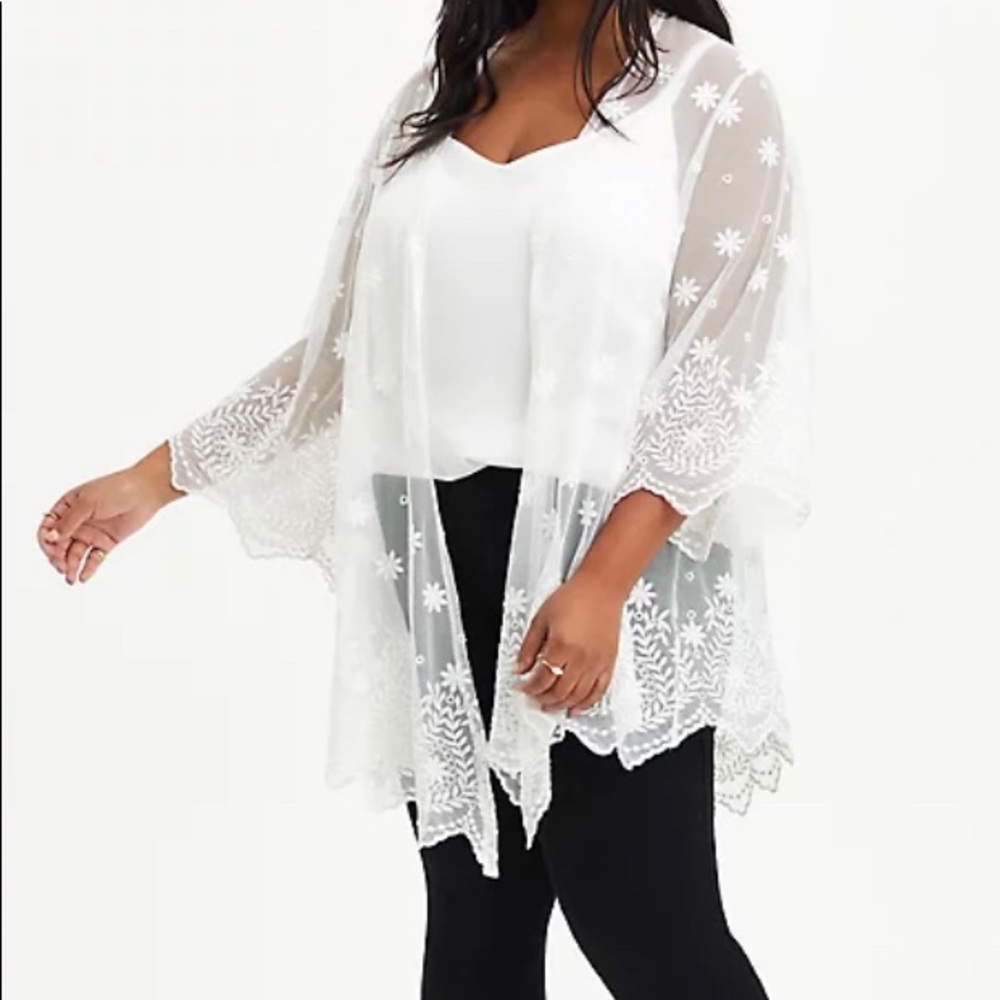 Torrid embroidered kimono mesh white